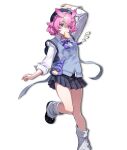  1girl absurdres arm_up black_skirt blue_cardigan bread bread_slice cardigan collared_shirt food food_in_mouth green_streaks hair_ornament hairclip haniel_(classroom_hijinks)_(nte) haniel_(nte) highres leg_up long_sleeves mouth_hold multicolored_hair neverness_to_everness official_alternate_costume official_art pink_hair purple_eyes school_uniform shirt short_hair skirt socks solo streaked_hair third-party_source toast toast_in_mouth transparent_background white_shirt white_socks 