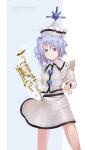  1girl blue_eyes blue_hair character_name closed_mouth commentary_request frilled_hat frills hat highres holding holding_instrument holding_trumpet instrument long_sleeves looking_at_viewer merlin_prismriver riki6 skirt skirt_set smile solo touhou trumpet vest white_hat white_skirt white_vest 