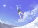  1girl absurdres barefoot black_skirt black_sleeves blue_hair blue_panties blue_shirt blue_sky cloud commentary_request day detached_sleeves floating from_behind from_below full_body hatsune_miku highres lens_flare looking_ahead outdoors panties pantyshot scenery shirt skirt sky snow solo striped_clothes striped_panties sun twintails underwear upskirt vocaloid xii_yashizhongzhan 