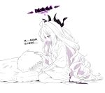  1boy 1girl ahoge black_halo black_horns blue_archive blush commentary_request couple demon_girl demon_horns demon_wings english_text faceless faceless_male halo headpat highres hina_(blue_archive) horns kneeling long_hair looking_at_another low_wings lying multiple_horns mydawnwong on_stomach parted_bangs partially_shaded_face purple_eyes purple_halo purple_wings sensei_(blue_archive) shirt simple_background spot_color very_long_hair white_background wings 