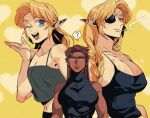  2girls ? black_shirt blonde_hair blue_eyes braid breasts cleavage closed_mouth commentary_request dark-skinned_female dark_skin earrings eyepatch ganondorf genderswap genderswap_(mtf) heart jewelry large_breasts link multiple_girls one_eye_closed open_mouth pointy_ears rani_grb shirt smoking spoken_question_mark the_legend_of_zelda the_legend_of_zelda:_ocarina_of_time yellow_background 