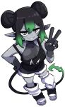  1girl black_eyes black_feet black_hair black_hands black_shirt black_shorts bright_pupils colored_extremities colored_skin commentary demon_tail double_bun ear_piercing english_commentary green_hair grey_skin grin hair_bun indie_virtual_youtuber leg_warmers looking_at_viewer piercing sharp_teeth shirt shorts smile smug_suriipi solo tail teeth v vera_simila virtual_youtuber white_leg_warmers white_pupils 