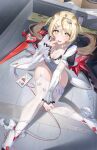  1girl absurdres ahoge bandaid bandaid_on_cheek bandaid_on_face blonde_hair blood breasts cleavage collarbone commentary_request detached_sleeves finger_in_own_mouth from_above garter_straps hair_between_eyes hair_ornament hairclip high_heels highres holding holding_weapon leaf leaf_on_head leotard long_hair looking_at_viewer mechanical_wings medium_breasts mole mole_on_thigh open_mouth phoenix_reffaella phone puffy_short_sleeves puffy_sleeves qingkefu_yixia red_wings scissors shoes short_sleeves sitting solo thighhighs tongue tongue_out weapon white_garter_straps white_leotard white_shoes white_thighhighs wings yellow_eyes zenless_zone_zero 