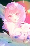  1girl :p ;p absurdres armpits breasts cleavage commentary_request dress feathered_wings highres large_breasts looking_at_viewer mechanical_wings medium_hair one_eye_closed pink_eyes pink_hair remielle_dan soe0307 solo tongue tongue_out upper_body white_dress white_wings wings zenless_zone_zero 