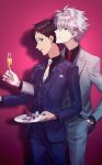  11kkr 2boys black_shirt brown_hair buttons champagne_flute closed_mouth commentary_request cup drinking_glass full_body grey_hair hand_in_pocket highres ikari_shinji jacket looking_at_viewer male_focus multiple_boys nagisa_kaworu necktie neon_genesis_evangelion plate red_background red_eyes red_necktie shirt short_hair simple_background standing suit suit_jacket vest waistcoat watch white_necktie wristwatch yaoi 