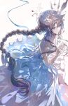  1girl absurdres ambience_synesthesia amiya_(ambience_synesthesia_2025)_(arknights) amiya_(arknights) animal_ears arknights bare_shoulders blue_eyes braid braided_ponytail brown_hair chinese_commentary closed_mouth commentary_request crown dress elbow_gloves gloves hair_between_eyes highres jewelry layered_dress long_hair multiple_rings official_alternate_costume own_hands_together procreate_(medium) rabbit_ears rabbit_girl ribbon ring ring_on_every_finger sidelocks simple_background single_braid solo strapless strapless_dress very_long_hair white_background white_dress zc_ling 