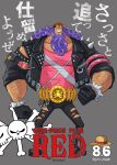  1boy beard belt black_gloves black_jacket black_pants english_text facial_hair gloves grey_background highres jacket jesus_burgess jolly_roger long_hair mask one_piece open_clothes open_jacket pants pink_shirt purple_hair shirt simple_background solo teeth youkan_(tako) 