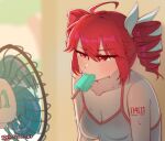  absurdres ahoge artist_name bare_shoulders bow breasts collarbone commentary drill_hair electric_fan emgieneemr_art food food_in_mouth grey_shirt hair_between_eyes hair_bow highres kasane_teto medium_breasts multicolored_hair number_tattoo popsicle popsicle_in_mouth red_eyes red_hair shirt short_hair shoulder_tattoo sleeveless sleeveless_shirt streaked_hair sweat tattoo twin_drills upper_body utau white_bow white_streaks 