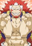  1boy abs adversarial_noise bara beard closed_eyes commentary_request earrings facial_hair grin heavy_adversarial_noise highres jewelry large_pectorals long_hair male_focus migi_(yomi_no_tsugai) multicolored_hair muscular muscular_male navel pectoral_cleavage pectorals red_hair sharp_teeth shirako_(kirupi) small_horns smile solo teeth two-tone_hair veins very_long_hair white_hair yomi_no_tsugai 