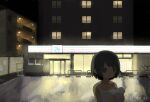  15_30_97 1girl :o artist_name backlighting building camisole convenience_store dot_nose graffiti grey_camisole highres holding instant_noodles night original outdoors scenery shop solo spaghetti_strap steam watermark 