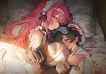  1boy 1girl age_difference allie_(stella_sora) betanonbeet black_dress black_hair blue_eyes blue_pajamas blush breasts cleavage_cutout closed_eyes clothing_cutout commentary dress embarrassed english_commentary eye_mask happy head_on_pillow highres hug large_breasts maid maid_headdress male_tyrant_(pajamas)_(stella_sora) male_tyrant_(stella_sora) mask no_pupils on_bed pajamas pillow pink_hair short_hair shoulder_cutout smile stella_sora sunlight tyrant_(stella_sora) upper_body 