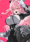  1girl absurdres animal_ears arm_up black_horns black_skirt breasts commentary_request cup drunk fang femme_soule floppy_ears gloves goat_ears hand_up high-waist_skirt highres holding holding_cup horns large_breasts long_hair long_sleeves multicolored_hair no_pupils notched_ear pink_eyes pink_hair puffy_sleeves pukey_goddess_shot_trick shirt skin_fang skirt solo spilling very_long_hair wazawai_(isotwen) white_gloves white_hair white_shirt 