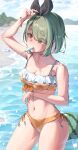  1girl absurdres beach bikini black_bow blush bow bracelet breasts brown_hair cloud food food_in_mouth fruit green_hair highres jewelry medium_breasts multicolored_hair nakatsugawa_mei nene_(neneeeeeillust) orange_bikini partially_submerged pink_hair pocky pocky_in_mouth pool_float popsicle popsicle_in_mouth sand sky solo solo_focus summer sweat swimsuit thick_eyebrows thighs two-tone_hair water watermelon yurucamp 