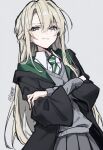  1girl ai-generated bilingual_commentary blonde_hair cloak draco_malfoy draco_malfoy_(redteneri) english_commentary genderswap genderswap_(mtf) green_eyes green_necktie harry_potter_(series) highres hogwarts_school_uniform long_hair looking_at_viewer mixed-language_commentary necktie robe school_uniform shirt simple_background sizue98 slytherin solo striped_clothes white_shirt wizarding_world 