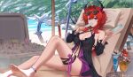  1girl arknights arknights:_endfield babydoll barefoot beach black_horns breasts cleavage commentary day de-zeru eyewear_on_head food food_in_mouth foot_out_of_frame hair_intakes highres holding holding_food holding_popsicle horns ice_cream knee_up laevatain_(arknights) long_hair looking_at_viewer medium_breasts multiple_thigh_straps navel outdoors planted planted_sword popsicle popsicle_in_mouth purple_eyes red_hair solo sunglasses surtr_(arknights) sword thigh_strap twitter_username water watermark weapon 
