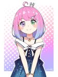  1girl ahoge bare_shoulders blue_dress blue_hair blush_stickers bob_cut bracelet candy_hair_ornament commentary_request crescent crescent_earrings crescent_necklace crown dress earrings food-themed_hair_ornament gold_bracelet gradient_clothes gradient_dress gradient_hair green_eyes hair_ornament hairclip heterochromia highres himemori_luna himemori_luna_(sundress) hololive jewelry medium_hair mini_crown multicolored_hair necklace off-shoulder_dress off_shoulder official_alternate_costume pink_hair pointed_crown purple_eyes short_dress silver_crown sleeveless sleeveless_dress smile solo starry_sky_print swept_bangs virtual_youtuber yuki_yuxtuke 