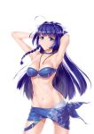  1girl ahoge armpits arms_behind_head between_breasts bikini blue_bikini blue_bow blue_choker blue_eyes blue_hair blue_sarong blunt_bangs blurry blurry_background bow braid breasts chinese_commentary choker cleavage collarbone commentary_request contrapposto cowboy_shot day floral_print gotointhepark hair_bow hair_intakes highres honkai_(series) honkai_impact_3rd horizon long_hair looking_at_viewer medium_breasts navel outdoors photoshop_(medium) ponytail print_sarong raiden_mei raiden_mei_(vast_ocean) sarong side_braid silver_trim simple_background single_braid smile solo stomach swimsuit tropical very_long_hair white_background 