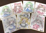  4girls :d ;d apron ascot back_bow black_hat black_skirt black_vest blonde_hair blue_dress blue_eyes blue_skirt blush bow braid brown_eyes brown_hair closed_mouth collared_shirt commentary_request detached_sleeves dress flcosknn flute frilled_bow frilled_hair_tubes frills frog_hair_ornament green_bow green_eyes green_hair grey_hair hair_bow hair_ornament hair_tubes hakurei_reimu hat hat_bow highres holding holding_flute holding_instrument instrument izayoi_sakuya kirisame_marisa kochiya_sanae long_hair maid maid_headdress multiple_girls one_eye_closed photo_(medium) pinafore_dress playing_flute playing_instrument red_bow red_skirt ribbon-trimmed_sleeves ribbon_trim shikishi shirt side_braid single_braid single_hair_tube skirt skirt_set sleeveless sleeveless_dress sleeveless_shirt smile snake_hair_ornament star_(symbol) touhou traditional_media twin_braids vest waist_apron white_apron white_bow white_shirt witch_hat yellow_ascot yellow_eyes 