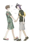 2boys absurdres aged_up applin bag bin_aham black_hair black_shirt brown_hair character_print florian_(pokemon) from_side green_shirt green_shorts grey_shorts highres holding_hands kieran_(pokemon) looking_at_another male_focus multiple_boys pokemon pokemon_scarlet_and_violet print_shirt sandals shirt short_hair short_sleeves shorts standing t-shirt toes translation_request white_background yellow_bag 