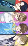  1girl 3boys :d adjusting_eyewear amane_sachika bespectacled black-framed_eyewear black_border black_hair blonde_hair blue_hoodie border brown_eyes brown_hair commentary earrings frilled_shirt frills glasses green_jacket grey-framed_eyewear grey_shirt highres hood hoodie inoue_shouma jacket jewelry kamen_rider kamen_rider_gavv_(series) karakida_hanto lakia_amarga looking_at_viewer looking_to_the_side low_ponytail maso_(01mogu05) midriff_peek multiple_boys open_mouth pink_background ponytail print_shirt purple_background purple_eyes red_background shirt short_hair sideways smile tie-dye tokusatsu tongue tongue_out untranslatable_commentary upper_body vest white_shirt white_vest yellow_background yellow_eyes yellow_trim 