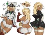 1girl absurdres ass bandaged_arm bandages blonde_hair breasts cloak cropped_vest dark-skinned_female dark_skin fingerless_gloves gloves guilty_gear guilty_gear_strive hat highres long_hair looking_at_viewer panties ramlethal_valentine school_uniform short_shorts shorts underwear vest white_cloak white_gloves white_hat white_shorts yablofap 