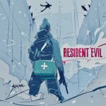  1boy assault_rifle bag beanie bryan_hodukavich commentary english_commentary from_behind gun hat highres holding holding_gun holding_weapon hood hood_down hooded_jacket imminent_suicide jacket jumping male_focus outdoors people pom_pom_(clothes) pom_pom_beanie resident_evil resident_evil_(2026_movie) rifle shoulder_bag snow snowing standing vest weapon wolfmarker zombie 