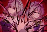  1other 2girls apron between_fingers blue_eyes bow braid breasts broken_glass closed_mouth commentary dress frown glass green_bow grey_hair hair_between_eyes hair_bow holding holding_knife izayoi_sakuya knife knives_between_fingers looking_at_viewer maid maid_apron maid_headdress medium_hair multiple_girls ribbon smile tojorin touhou touhou_lost_branch_of_legend twin_braids 