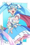  1girl :d ahoge asymmetrical_bangs blue_background blue_bow blue_cape blue_dress blue_eyes blue_hair blue_theme border bow bright_pupils brooch cape commentary cowboy_shot crossed_legs cure_sky cut_bangs detached_sleeves diagonal_bangs double_v doveman dress earrings english_commentary fingerless_gloves fringe-trimmed_cape fringe_trim from_below gloves gradient_hair hair_bow hair_ornament highres hirogaru_sky!_precure jewelry long_hair looking_at_viewer magical_girl medium_dress multicolored_hair open_mouth outside_border pink_hair precure puffy_detached_sleeves puffy_sleeves red_cape round_teeth signature single_bare_shoulder single_earring single_hair_streak single_sidelock sleeveless sleeveless_dress smile solo sora_harewataru streaked_hair teeth thighhighs twintails two-sided_cape two-sided_fabric two-tone_dress two-tone_hair upper_teeth_only v v-shaped_eyebrows very_long_hair white_border white_dress white_gloves white_thighhighs wing_brooch wing_hair_ornament yellow_pupils 