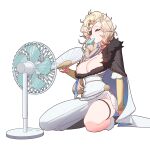  1girl absurdres artist_request blonde_hair blue_eyes blue_streaks braid braided_ponytail breasts cleavage commentary dress electric_fan english_commentary eyepatch food food_in_mouth fur-trimmed_dress fur_trim hand_fan highres multicolored_hair mythos_(vtuber) odin_ravenseye popsicle popsicle_in_mouth second-party_source solo streaked_hair thigh_strap virtual_youtuber white_background white_dress 
