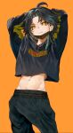  1boy arms_up black_hair black_pants black_shirt clothes_lift forehead genshin_impact highres long_sleeves male_focus mask midriff mouth_mask multicolored_hair navel open_clothes open_shirt orange_background pants shirt shirt_lift stomach xiao_(genshin_impact) yellow_eyes yuno_setouchi 