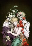  3boys blonde_hair brown_pants closed_eyes collared_shirt commentary_request cowboy_shot demon_horns dio_brando earrings english_text father_and_child father_and_son flower giorno_giovanna glowing_horns hair_down halo hand_on_another's_arm hand_on_another's_waist headless hibiscus highres horns jacket jacket_partially_removed jewelry jojo_no_kimyou_na_bouken jonathan_joestar lccc leaf long_hair male_focus multiple_boys pants parent_and_child phantom_blood poppy_(flower) red_flower shirt short_hair skeleton stud_earrings suspenders topless_male towel towel_around_waist traditional_halo vento_aureo victory_rolls white_flower white_halo white_shirt yellow_nails 