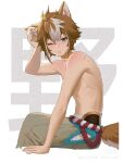  1boy animal_ears aqua_eyes brown_hair brown_tail closed_mouth dog_boy dog_ears dog_tail genshin_impact gorou_(genshin_impact) highres huahua123569 igote male_focus multicolored_hair one_eye_closed pants scar tail tassel topless_male white_hair 