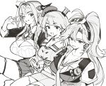  3girls ahoge beret braid breasts bright_pupils chef_hat cleavage cleavage_cutout clothing_cutout commentary cropped_vest dismassd dragon_girl dragon_horns earrings english_commentary feather_earrings feathers goggles goggles_on_head greyscale grin hair_between_eyes hand_up hat hololive hololive_english horns hyakuto_kyoko jewelry kiryu_coco kiryu_coco_(1st_costume) large_breasts light_blush lightning_bolt_earrings lightning_bolt_symbol long_hair looking_at_viewer loose_necktie mini_chef_hat mini_hat miniskirt mole mole_on_chest monochrome multiple_girls multiple_hats necktie one_eye_closed open_mouth pleated_skirt pointy_ears police police_badge police_uniform policewoman ponytail shirt short_sleeves side-by-side side_braid simple_background single_braid sitting skirt smile takanashi_kiara takanashi_kiara_(1st_costume) thigh_strap thighhighs vest virtual_youtuber w 