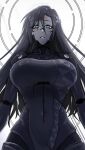  1girl absurdres android black_hair blue_eyes breasts commentary english_commentary eyeliner facial_mark falke_(signalis) forehead_mark from_below halo highres joints large_breasts laurel_crown long_hair looking_at_viewer makeup mechanical_arms mechanical_legs nowhere_(signalis) red_eyeliner robot_girl robot_joints saltisan sierpinski_triangle signalis simple_background skin_seams solo tall_female 