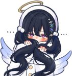  ... 1girl angel_wings beret black_hair blue_streaks blush brown_halo clothing_cutout commentary_request covering_own_mouth dress fur_collar hair_ornament halo hat highres ichinose_uruha ichinose_uruha_(7th_costume) long_sleeves looking_at_viewer minchiii mini_wings multicolored_hair pom_pom_(clothes) pom_pom_hair_ornament purple_eyes shoulder_cutout simple_background sleeves_past_wrists solo streaked_hair twintails upper_body virtual_youtuber vspo! white_background white_dress white_hat white_wings wide_sleeves wings 