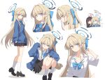  2girls arms_behind_back black_skirt blonde_hair blue_archive blue_bow blue_bowtie blue_cardigan blue_eyes blue_halo blue_streaks bow bowtie braid cardigan collarbone commentary_request double_v full_body half_up_braid halo hand_on_own_knee highres long_hair loose_bowtie multicolored_hair multiple_girls multiple_views official_alternate_costume open_cardigan open_clothes rio_(blue_archive) satou_kibi shirt sitting skirt smile solo_focus streaked_hair toki_(blue_archive) toki_(school_uniform)_(blue_archive) v white_background white_shirt 