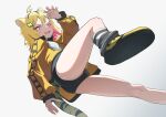  1girl ahoge animal_ears aogiri_gym_uniform aogiri_koukou black_buruma black_socks black_streaks blonde_hair buruma cameltoe claw_pose colored_inner_hair commentary_request fangs fingernails foot_out_of_frame from_below gradient_background grey_background gym_shirt gym_uniform hair_ornament highres jacket knee_up lightning_ahoge lightning_bolt_hair_ornament lightning_bolt_symbol logo long_fingernails looking_at_viewer multicolored_hair nail_polish official_alternate_costume open_mouth partially_visible_vulva paw-shaped_pupils pink_hair red_eyes sharp_fingernails shirt shoe_soles shoes short_hair simple_background socks solo streaked_hair striped_clothes striped_socks symbol-shaped_pupils taachika tail tiger_ears tiger_girl tiger_tail track_jacket urutora_garu virtual_youtuber yellow_jacket yellow_shoes 