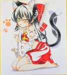  1girl animal_ear_fluff animal_ears ascot barefoot black_hair blush bow breasts cat_ears cat_girl cat_tail commentary_request detached_sleeves fang frilled_bow frilled_hair_tubes frills hair_between_eyes hair_bow hair_tubes hakurei_reimu highres kemonomimi_mode long_hair looking_at_viewer midriff multiple_tails navel open_mouth paw_pose red_bow red_skirt ribbon-trimmed_sleeves ribbon_trim seika_okawari shikishi skin_fang skirt skirt_set small_breasts soles solo sweatdrop tail toes touhou traditional_media two_tails yellow_ascot yellow_eyes 