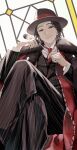  1boy brown_hair brown_hat brown_suit capelet cat_teaser commentary crossed_legs fedora fur_capelet hat highres holding holding_cat_teaser kamen_rider kamen_rider_my-th_(series) looking_at_viewer looking_down male_focus maso_(01mogu05) minetaka_kamuri necktie pinstripe_pattern pinstripe_suit red_eyes red_necktie red_robe robe short_hair smile solo stained_glass suit tokusatsu untranslatable_commentary 