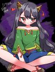  1girl absurdres bare_shoulders black_hair blue_skirt blush closed_mouth collarbone commentary_request green_shirt heart heart_in_eye highres horns indian_style komugi_zora long_hair looking_to_the_side nippaku_zanmu off-shoulder_shirt off_shoulder purple_background red_eyes ribbon-trimmed_shirt ribbon-trimmed_skirt ribbon-trimmed_sleeves ribbon_trim sandals shirt sitting skirt smile solo symbol_in_eye tassel three-quarter_sleeves touhou very_long_hair yellow_horns 