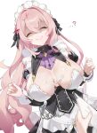  ...? 1girl absurdres allie_(stella_sora) black_dress black_ribbon breasts cleavage commentary_request cream cream_on_breasts dress frilled_dress frills hair_between_eyes hair_ribbon highres i!roha large_breasts long_hair long_sleeves maid maid_headdress multiple_hair_ribbons pink_hair ribbon shaded_face simple_background stella_sora white_background wrist_cuffs 