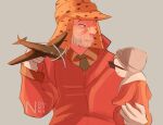  1boy 1girl adoptive_parent_and_adoptive_child aircraft airplane animal_print baby beard brown_shirt carrying coat collared_shirt diamond_wa_kudakenai facial_hair glasses gloves green_necktie grey_background hat holding holding_toy jojo_no_kimyou_na_bouken joseph_joestar joseph_joestar_(old) leopard_print long_sleeves male_focus necktie nolvini old old_man orange_hat parent_and_child red_coat shirt shizuka_joestar simple_background smile sunglasses toy white_gloves 