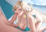  1boy 1girl absurdres aqua_bikini aqua_nails arayuki_(sakurafubuki) beach beach_towel bikini blonde_hair braid braided_bangs breasts censored cleavage collarbone commentary_request erection fellatio fingernails flower fruit_earrings hair_flower hair_ornament halterneck hetero highres large_breasts licking licking_penis long_fingernails long_hair looking_at_another lynae_(peppermint)_(wuthering_waves) lynae_(wuthering_waves) mole mole_on_breast mosaic_censoring nail_polish ocean oral outdoors paid_reward_available penis purple_eyes shore string_bikini swimsuit testicles textless_version towel variant_set white_flower wuthering_waves 