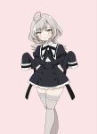  1girl ahoge animal_print assault_lily black_ribbon black_skirt blush closed_mouth commentary_request cropped_jacket feet_out_of_frame grey_hair grey_thighhighs hands_up high-waist_skirt highres juliet_sleeves long_hair long_sleeves looking_at_viewer miniskirt multicolored_hair neck_ribbon pink_background print_thighhighs puffy_sleeves rabbit_print ribbon sasaki_ran school_uniform simple_background skirt sleeves_past_fingers sleeves_past_wrists smile solo streaked_hair thighhighs unu_(yayoinoasagohan) white_streaks yellow_eyes yurigaoka_girls_academy_school_uniform zettai_ryouiki 