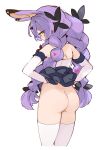  1girl animal_ears ass bangs bare_shoulders braid clothes_lift commentary_request copyright_request cowboy_shot detached_sleeves dimples_of_venus from_behind hair_ornament highres lifted_by_self long_hair looking_at_viewer looking_back mota purple_hair rabbit_ears simple_background sketch skirt skirt_lift solo thighhighs twin_braids very_long_hair white_background white_thighhighs yellow_eyes 