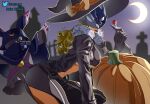  +_+ 2girls absurdres alternate_costume beelstarmon beelstarmon_x-antibody belt black_belt black_gloves black_jacket black_pants black_vest blonde_hair blue_cloak blue_hood blue_mask breasts candy chiropmon chiropmon_(cosplay) chupa_chups cloak commentary cosplay cowboy_shot crescent_moon crop_top cropped_vest digimon digimon_(creature) english_commentary eye_mask floating food full_body fur-trimmed_jacket fur_trim gloves hat highres holding holding_candy holding_food jacket large_breasts leather leather_jacket leather_pants long_hair looking_at_viewer lunamon mask moon multiple_girls night open_clothes open_jacket outdoors pants parted_lips pixiv_username pumpkin purple_eyes purple_lips richard_park sidelocks smile standing third_eye tight_clothes tight_pants twitter_username underboob vest witch_hat 