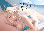  1boy 1girl absurdres aqua_bikini aqua_nails arayuki_(sakurafubuki) beach beach_towel bikini blonde_hair braid braided_bangs breasts censored cleavage closed_eyes collarbone commentary commentary_request cum cum_in_mouth deepthroat erection fellatio fingernails flower fruit_earrings hair_flower hair_ornament halterneck hetero highres large_breasts licking licking_penis long_fingernails long_hair lynae_(peppermint)_(wuthering_waves) lynae_(wuthering_waves) mole mole_on_breast mosaic_censoring nail_polish ocean oral outdoors paid_reward_available penis shore string_bikini swimsuit testicles towel untranslatable_commentary variant_set white_flower wuthering_waves 