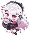  1girl absurdres ahoge black_bow black_bowtie black_hat black_jacket black_shoes blush bow bowtie cake cake_slice chibi commentary_request demon_tail earrings food fruit grey_hair hair_ornament hairclip hanamiya_rica hat heart heart_hair_ornament heart_o-ring highres indie_virtual_youtuber jacket jewelry kithera long_hair o-ring o-ring_thigh_strap red_eyes safety_pin shoes single_fishnet_legwear sleeves_past_fingers sleeves_past_wrists solo strawberry tail thigh_strap virtual_youtuber white_background zipper 
