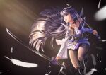  1girl belt black_background black_belt black_ribbon black_shoes blue_eyes bustier collarbone commentary_request detached_sleeves dress dual_wielding feathers gotointhepark highres holding holding_sword holding_weapon honkai_(series) honkai_impact_3rd katana long_hair long_sleeves looking_to_the_side neck_ribbon open_mouth pantyhose photoshop_(medium) purple_hair raiden_mei raiden_mei_(apho) ribbon shoes solo sword very_long_hair weapon white_dress white_sleeves 