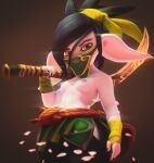  3d_(artwork) absurd_res akali_(lol) anthro black_hair breasts clothed clothing costume digital_media_(artwork) female hair hi_res league_of_legends ninja nipples purple_body riot_games solo teemoty tristana_(lol) warrior weapon yordle 